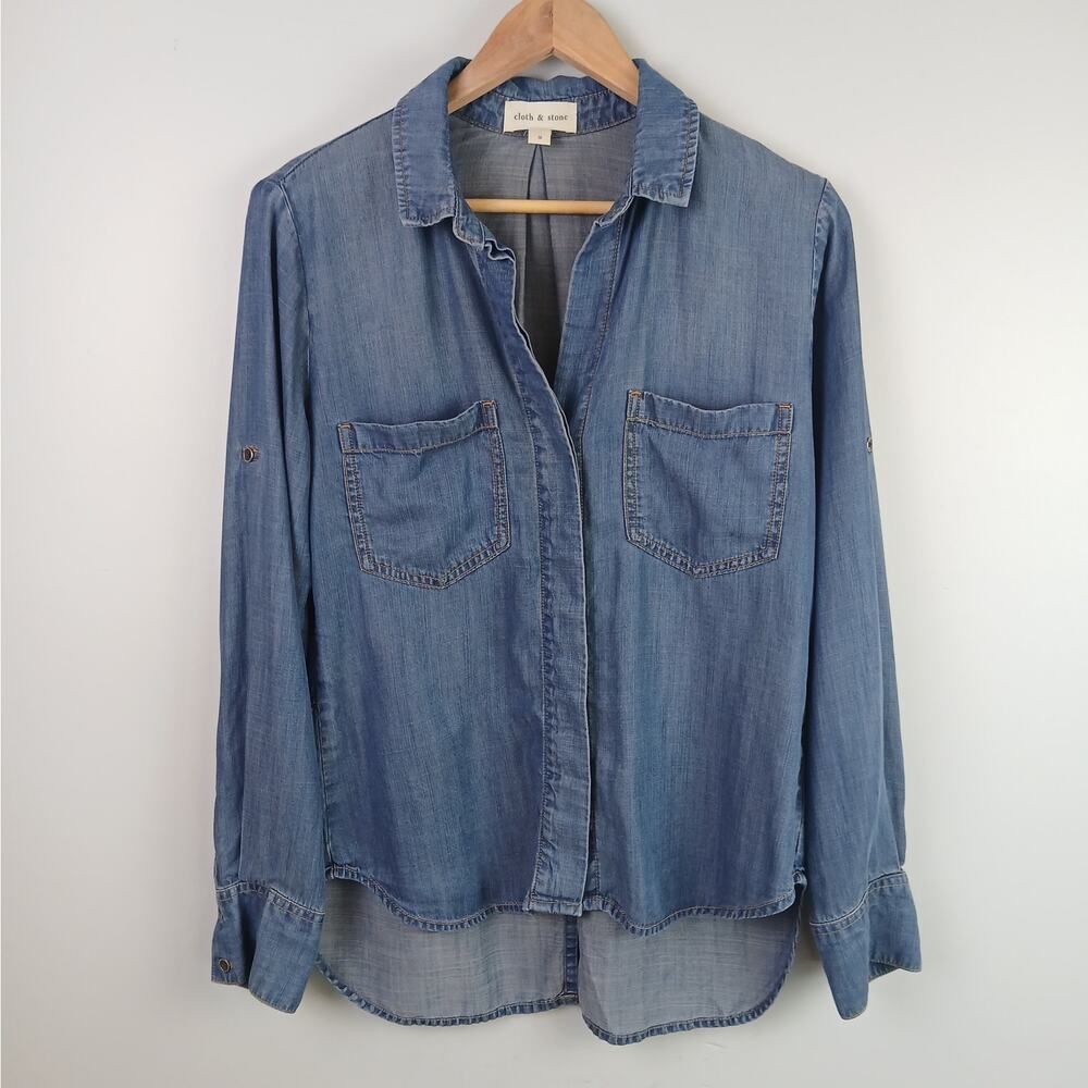 Cloth & Stone SZ S Split-Back Buttondown Tencil Denim Blue Chambray Shirt - Picture 2 of 5